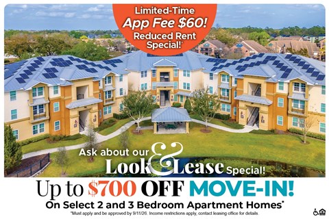 A housing complex advertisement offering a $60 app fee reduction and up to $700 off move-in for select 2 and 3 bedroom apartment homes.