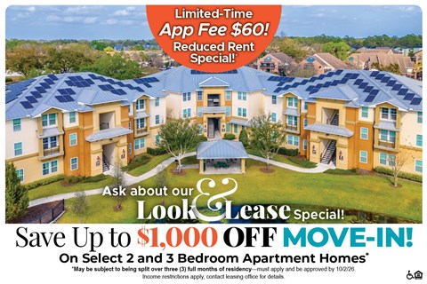 A promotional image for a lease special offering up to $1,000 off on select 2 and 3 bedroom apartment homes.