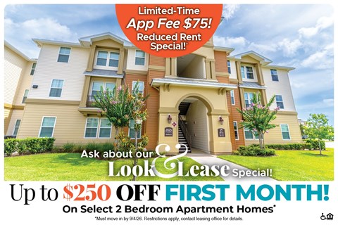 A promotional image for a lease special offering up to $250 off the first month on select 2 bedroom apartment homes.