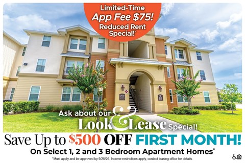 A promotional image for a limited-time app fee of $75 and a reduced rent special.