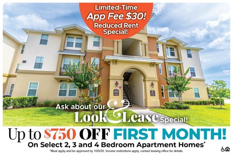 A promotional image for a limited-time app fee of $30 and a reduced rent special for apartment homes.