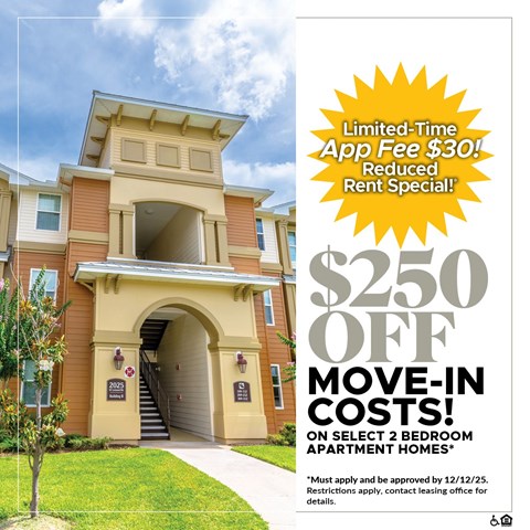 A building with a tree in front and a promotional offer for a $250 off move-in costs.
