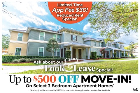 A promotional image for a lease special offering up to $500 off on select 3 bedroom apartment homes.