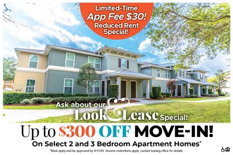 A promotional image for a lease special offering up to $300 off on select 2 and 3 bedroom apartment homes.
