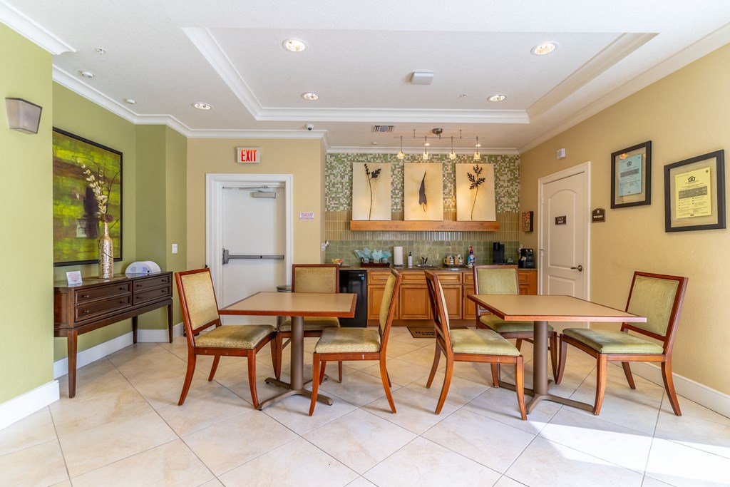 a clubhouse with tables and chairs