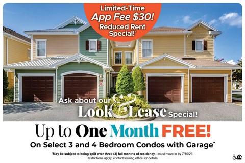 A promotional image for a lease special offering up to one month free on select condos with garages.