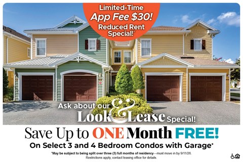 A promotional image for a limited-time app fee offer and a lease special.