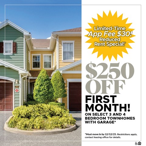 A promotional image for a limited-time app fee discount on select townhomes with garages.