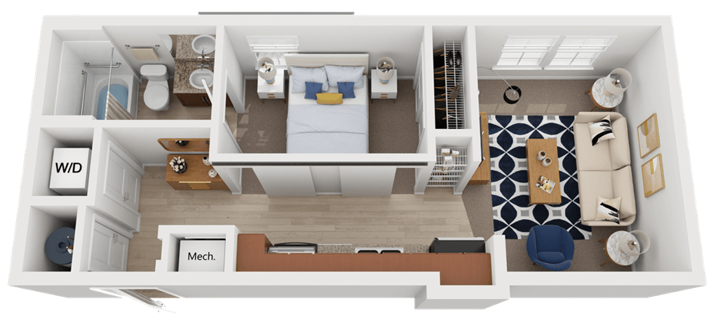 a floor plan of a one bedroom apartment with a bathroom and living room