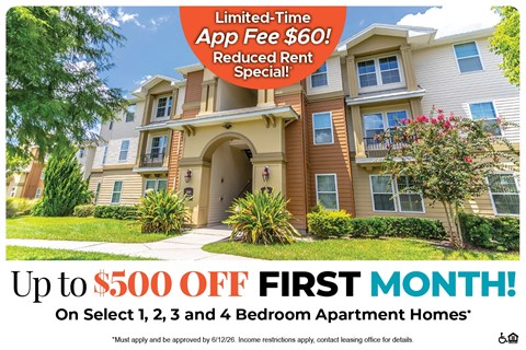 A promotional image for a limited-time app fee reduction and rent special for select apartment homes.