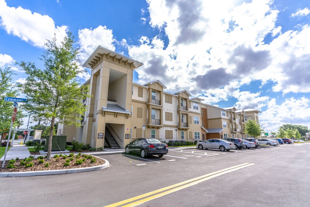 a parking lot at the Heritage Commons apartments