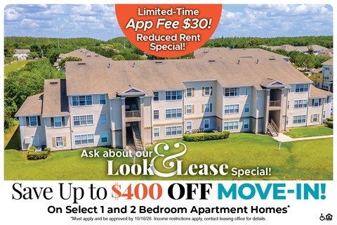Save Up to $400 Off Move-In Costs on Select 1 and 2 Bedroom Apartment Homes* Ask About our Look and Lease Special!