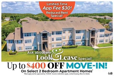 Up to $400 Off Move-In Costs on Select 2 Bedrooms Apartment Homes* Ask About our Look and Lease Special!