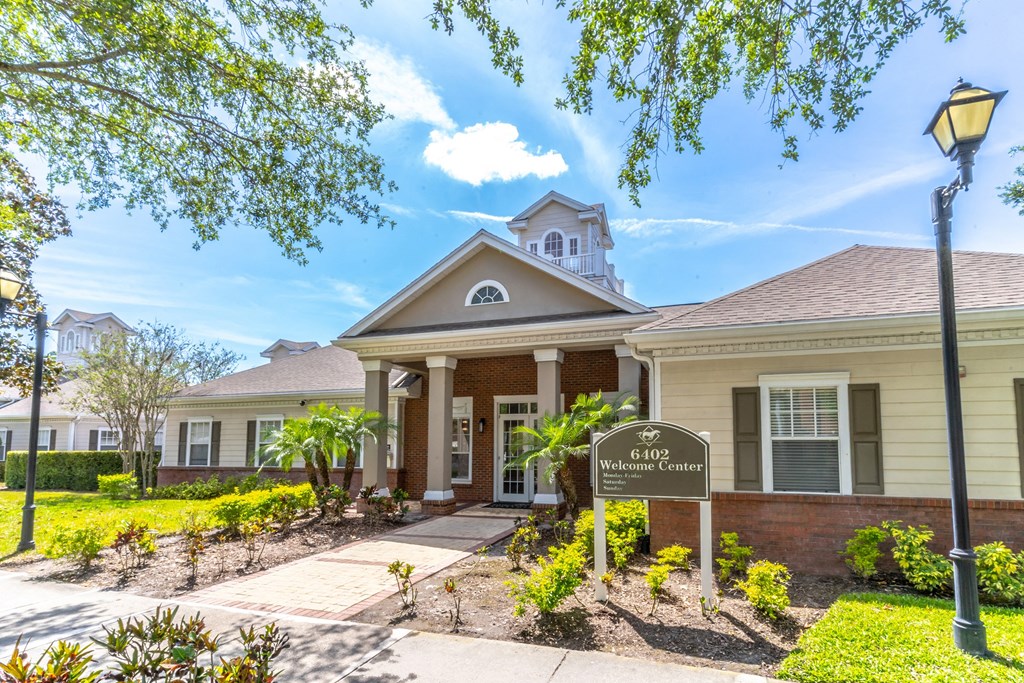a building with a sign in front of it
