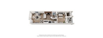 A 3D floor plan of a house with a kitchen, living room, and bedrooms.