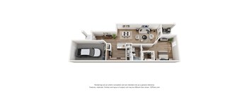 A 3D floor plan of a house with a kitchen, living room, and two bedrooms.