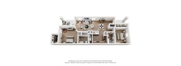A 3D floor plan of a house with a kitchen, living room, and two bedrooms.