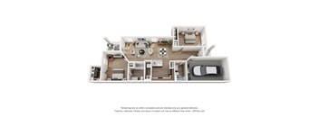 A 3D floor plan of a house with a kitchen, living room, and bedrooms.