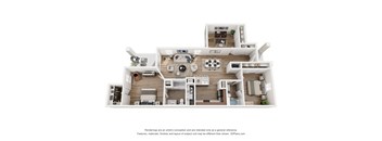 A 3D floor plan of a house with a kitchen, living room, and two bedrooms.
