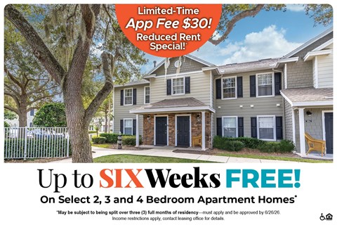 A promotional image for a limited-time app fee discount on select apartment homes.