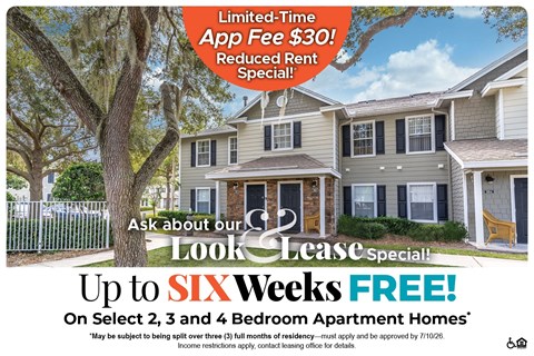 A promotional image for a lease special offering up to six weeks free on select apartment homes.