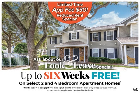 A promotional image for a lease special offering up to six weeks free on select 2 and 4 bedroom apartment homes.