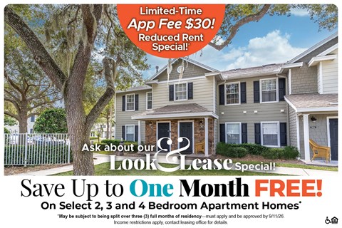 A housing advertisement offering a free month's rent for select apartment homes.
