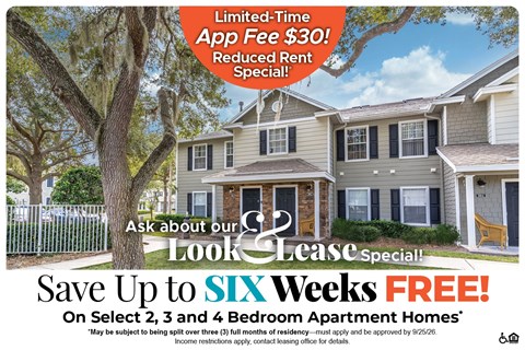 A housing advertisement offering a free lease for up to six weeks on select apartment homes.