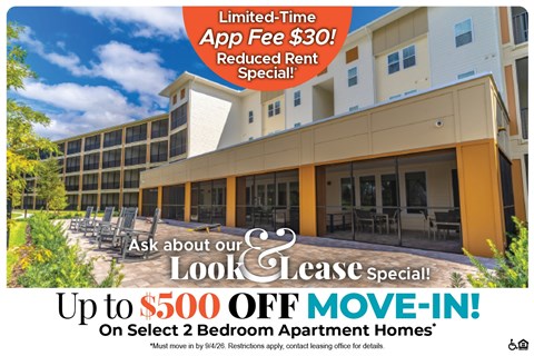 A building advertisement for a $500 off move-in special on select 2 bedroom apartment homes.