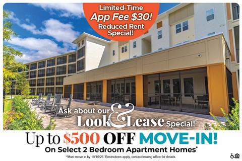 Up to $500 on Select 2 Bedroom Apartment Homes* Ask About our Look and Lease Special!