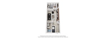 A 3D floor plan of a small apartment with a kitchen, living room, and bathroom.