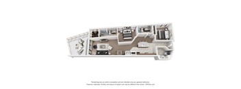 A 3D floor plan of a house with a kitchen, living room, and bedrooms.