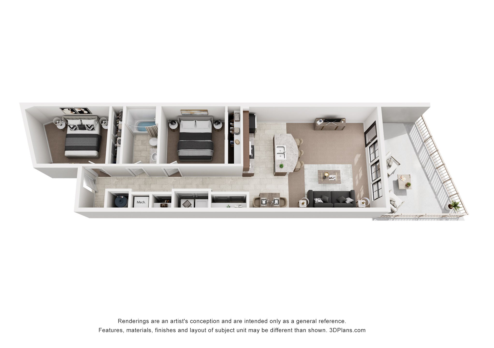 A 3D floor plan of a house with a kitchen, living room, and bedrooms.
