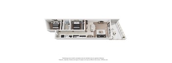 A 3D floor plan of a small apartment with a kitchen, living room, and bathroom.