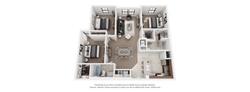 A 3D floor plan of a house with a kitchen, living room, and bathrooms.