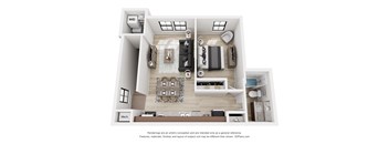 A 3D floor plan of a small apartment with a kitchen, living room, and bathroom.