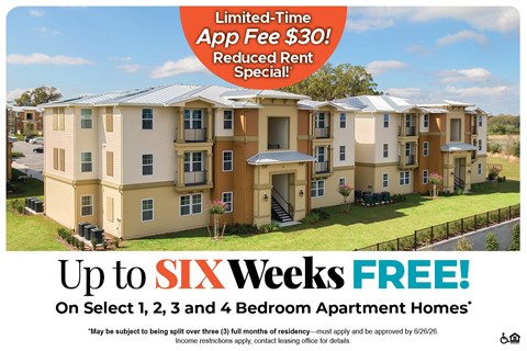 Apartment complex advertisement offering up to six weeks free rent.