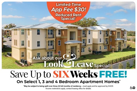 An advertisement for a lease special offering up to six weeks free on select bedroom apartment homes.
