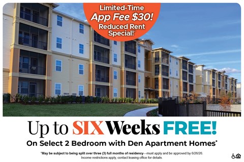 An apartment complex advertises up to six weeks free on select 2 bedroom units.