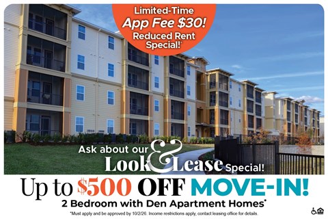 A building advertisement for Look & Lease with a $500 off move-in special.