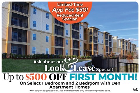 Up to $500 Off First Month's Rent on Select 1 and 2 Bedroom with Den Apartment Homes* Ask About our Look and Lease Special!