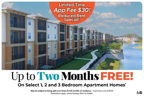 Apartment complex with a sign offering a limited-time app fee discount.