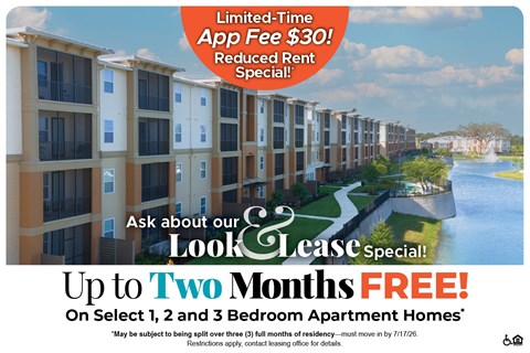 Apartment complex with a sign offering a limited-time app fee reduction and a free look and lease special.