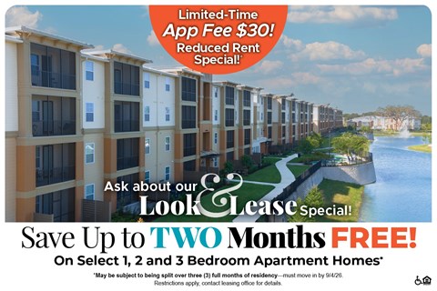 A promotional image for a lease special offering up to two months free on select 2 and 3 bedroom apartment homes.