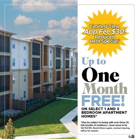 An apartment complex advertisement offering a free month's rent on select 1 and 3 bedroom apartments.