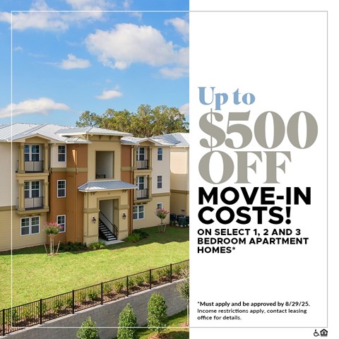 A promotional image for a move-in cost discount on select apartment homes.