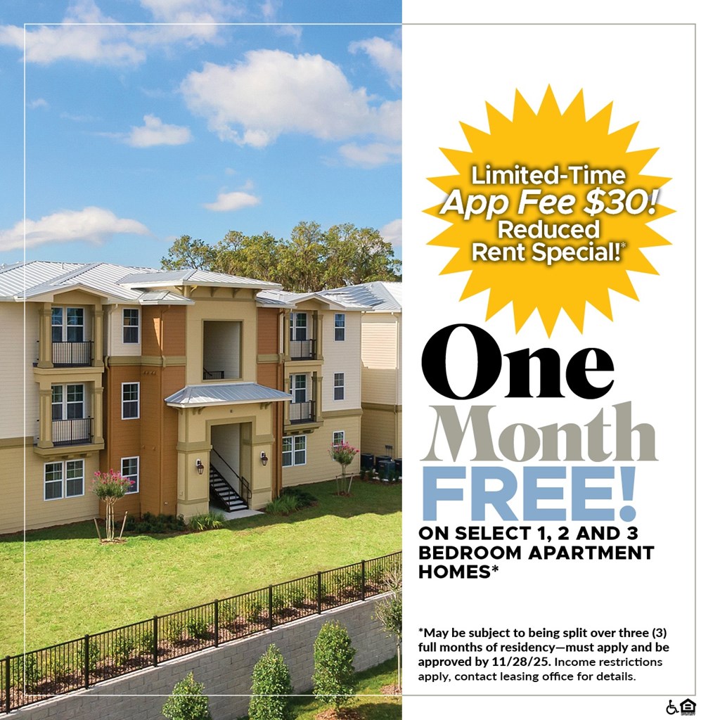 One Month FREE on Select 1, 2 and 3 Bedroom Apartment Homes!* For a Limited Time, App Fee is only $30!