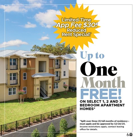 An advertisement for a limited-time app fee reduction and a free month on select bedroom apartment homes.