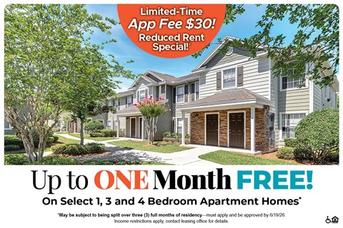 A promotional image for a limited-time app fee offer on select apartment homes.