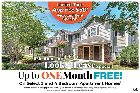 A promotional image for a limited-time app fee reduction and a free month for select 3 and 4 bedroom apartment homes.